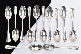 A SET OF TWELVE EARLY 20TH CENTURY SILVER TEASPOONS, rattail design, engraved initials to the