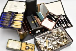 A BOX OF ASSORTED CASED SETS OF WHITE METAL CUTLERY, cased sets to include, serving spoons, knives