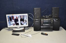 A SAMSUNG 19in TV with remote, a Venturer hi fi with remote, a pair of Toshiba hi fi speakers (