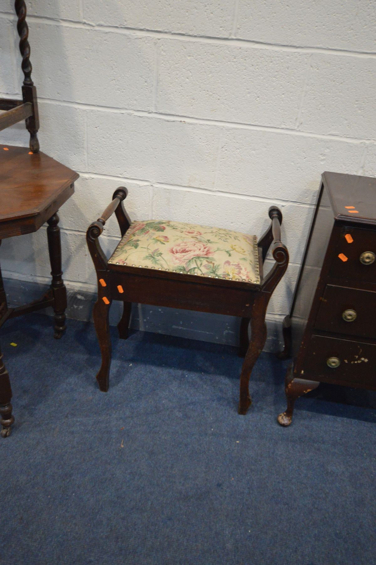 AN EDWARDIAN WALNUT OCTAGONAL CENTRE TABLE, an Edwardian piano stool, oak occasional table and a - Image 3 of 3