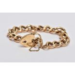 A 9CT GOLD CURB LINK BRACLET, with a heart padlock clasp and safety chain, 9ct hallmark for