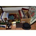 TWO BOXES AND LOOSE MISCELLANEOUS ITEMS, to include a watercolour by Halina Zytkiewicz 'Poppies'