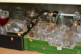 FOUR BOXES OF GLASSWARE, CUT AND PRESSED, including four decanters, bowls, drinking glasses,