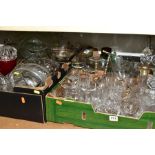 FOUR BOXES OF GLASSWARE, CUT AND PRESSED, including four decanters, bowls, drinking glasses,