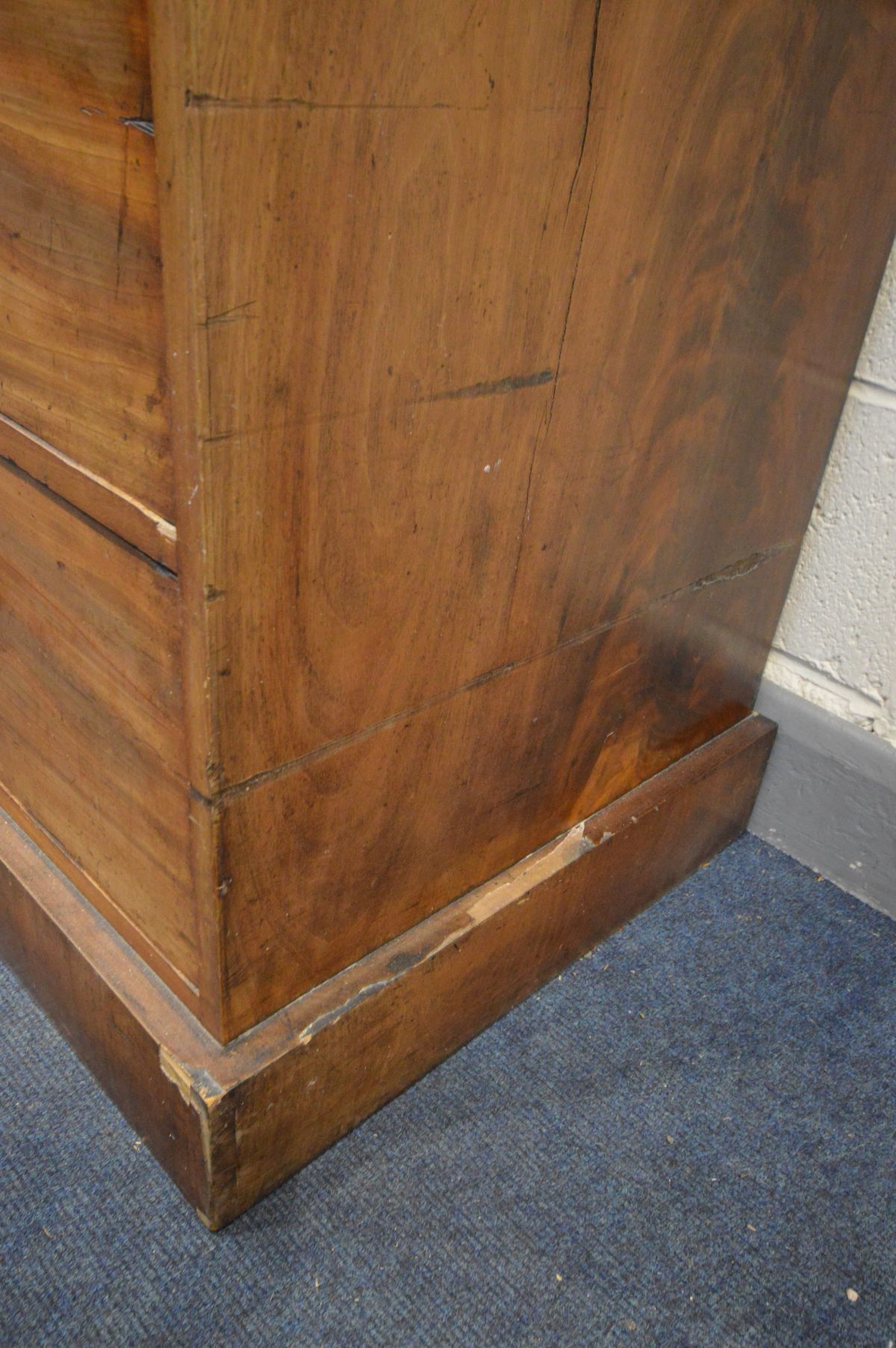 A VICTORIAN FLAME MAHOGANY LINEN PRESS, overhanging cornice, the double panelled doors enclosing - Image 6 of 7
