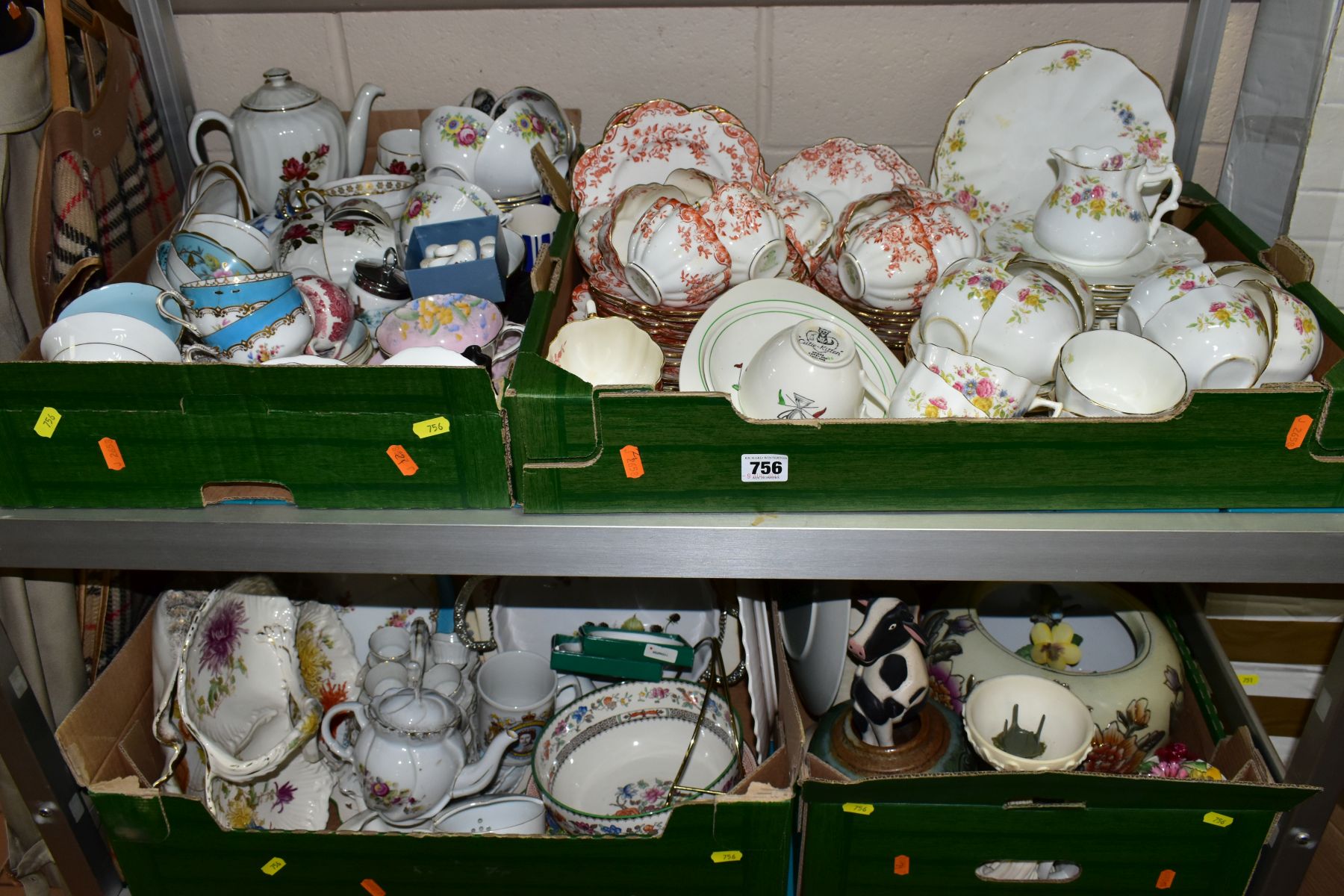 FOUR BOXES OF TEAWARES, VASES, ORNAMENTS, ETC, to include Spode 'Cutie-Kitten' cup and saucer and