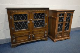 AN OAK OLD CHARM HIFI CABINET, with double lead glazed doors and an oak double door lead glazed
