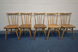 A SET OF FIVE ERCOL ELM AND BEECH ALL PURPOSE CHAIRS, model 391 (condition- two chairs with darker