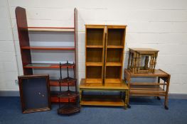 AN OAK NEST OF THREE TABLES AND MATCHING COFFEE TABLE, along with a stained wood open bookcase, pair