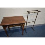 AN EDWARDIAN MAHOGANY SIDE TABLE with a single drawer, on turned legs, width 77cm x depth 51cm x