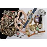 A BOX OF ASSORTED FASHION WATCHES AND A BOX OF COSTUME JEWELLERY, to include ladies and gent's