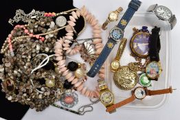 A BOX OF ASSORTED FASHION WATCHES AND A BOX OF COSTUME JEWELLERY, to include ladies and gent's
