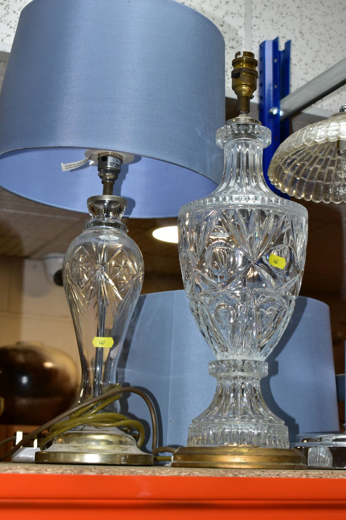 THREE ELECTRIC LAMPS, comprising a cut glass urn shaped table lamp with blue shade, height - Image 7 of 8