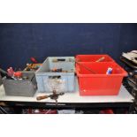 FIVE TRAYS CONTAINING PLANISHING HAMMERS and dolly's, Bearing puller, mole and welding grips, a