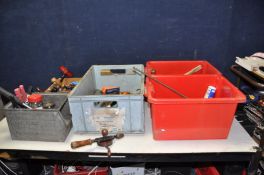 FIVE TRAYS CONTAINING PLANISHING HAMMERS and dolly's, Bearing puller, mole and welding grips, a