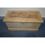 A VICTORIAN PINE BLANKET BOX, with strap hinges, width 83cm x depth 40cm x height 38cm (missing