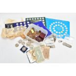 A CARDBOARD BOX OF COINS AND COMMEMORATIVES to include a Coronation medal in bronze struck by the