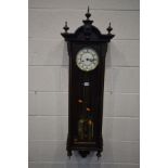 A MAHOGANY WALL CLOCK, height 126cm (two weights, pendulum and winding handle)