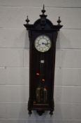 A MAHOGANY WALL CLOCK, height 126cm (two weights, pendulum and winding handle)