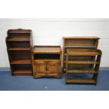 FOUR VARIOUS PIECES OF OAK FURNITURE, to include a linenfold two door cabinet, a tall open