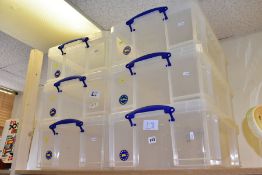 SIX 50 LITRE STORAGE BOXES BY THE REALLY USEFUL BOX COMPANY, ALL WITH LIDS