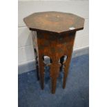 A MOORISH STAINED MAHOGANY OCTAGONAL OCCASIONAL TABLE, diameter 44cm x height 76cm