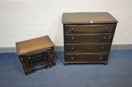 A PRIORY LINENFOLD DARK OAK CHEST OF FOUR, nest of three tables, four mahogany splat back chairs (