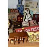 A QUANTITY OF CERAMICS, TAXIDERMY, DOLL'S HOUSE FURNITURE, etc, including two Spode thimbles,