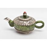AN ORIENTAL NEPHRITE AND WHITE METAL TEAPOT, polished nephrite body and handle, the top and bottom
