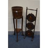 A LISTER OF DURSLEY COOPERED AND COPPER BANDED PLANTER ON STAND together with a three tier folding