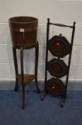 A LISTER OF DURSLEY COOPERED AND COPPER BANDED PLANTER ON STAND together with a three tier folding