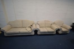 A CREAM UPHOLSTERED THREE PIECE LOUNGE SUITE, comprising two sized sofas, length 195cm and 149cm and