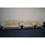 A CREAM UPHOLSTERED THREE PIECE LOUNGE SUITE, comprising two sized sofas, length 195cm and 149cm and