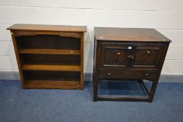 AN OAK TWO DOOR CABINET with a single drawer, width 80cm x depth 46cm x height 86cm (Sd) and an