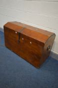 A REPRODUCTION HARDWOOD DOMED TOP TRUNK, with iron hinged and handles, width 100cm x depth 48cm x