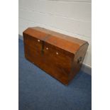 A REPRODUCTION HARDWOOD DOMED TOP TRUNK, with iron hinged and handles, width 100cm x depth 48cm x