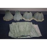 A PAIR OF GREEN DOMED TABLE LAMP SHADES, two other green shades, and a pair of green curtains (5)