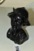 AFTER GIOVANNI DE MARTINO, a head and shoulder bronze bust of a young boy wearing a hat, painted