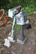 AN AMERICAN STYLE MAILBOX attached to a cast iron Corinthian column base and concrete foot 134cm