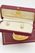 A CASED PAIR OF CULTURED PEARL EARRINGS, each set with a single cultured pearl, yellow metal post