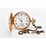 A GOLD-PLATED HALF HUNTER 'WALTHAM' POCKET WATCH, round white dial signed 'Waltham U.S.A', Roman