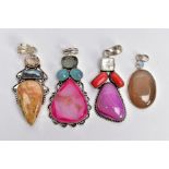 FOUR WHITE METAL SEMI-PRECIOUS STONE SET PENDANTS, set with a variety of semi-precious stones such