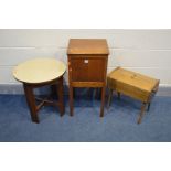 AN EARLY 20TH CENTURY SEWING BOX ON LEGS, an oak sewing box and a circular Formica occasional with a