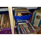 THREE BOXES OF RECORDS, CDs AND DVDS AND A PORTADYNE RECORD PLAYER, (not tested) the Cds to