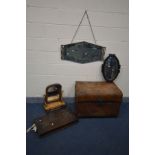 A VINTAGE TIN TRUNK, a Victorian walnut toilet mirror, oak cutlery unit and two wall mirrors (5)