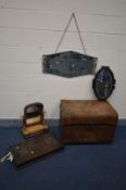 A VINTAGE TIN TRUNK, a Victorian walnut toilet mirror, oak cutlery unit and two wall mirrors (5)