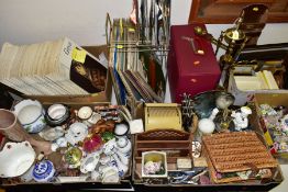 FIVE BOXES AND LOOSE CERAMICS, RECORDS, METALWARES, ETC, including an incomplete set of 83 'The