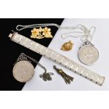 A SILVER BRACELET, COMMEMORATIVE COINS ETC, to include an articulated silver wide bracelet, fitted