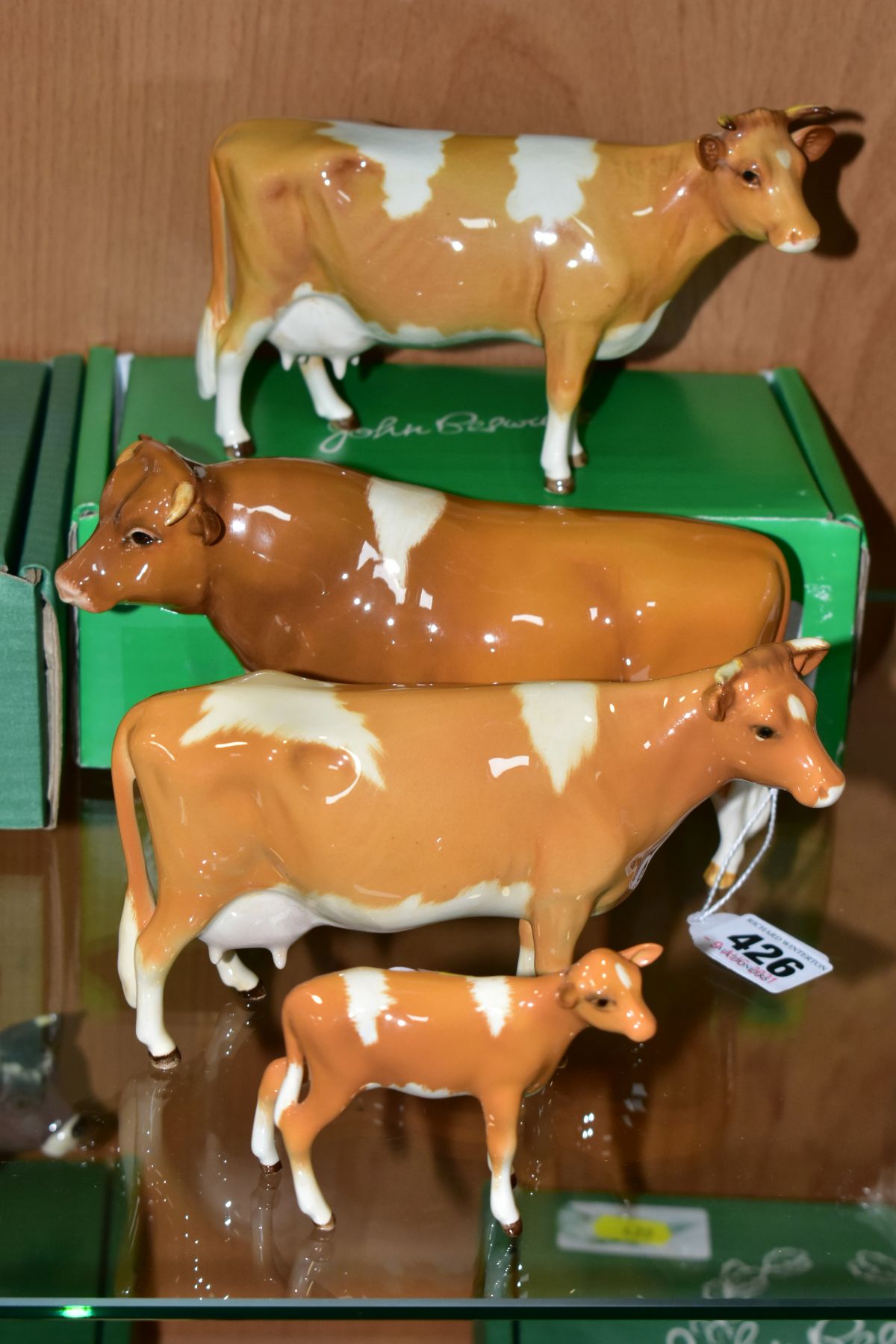 BESWICK GUERNSEY CATTLE, comprising Bull Ch. Sabrina's Sir Richmond 14th, No.1451 two Guernsey Cows,