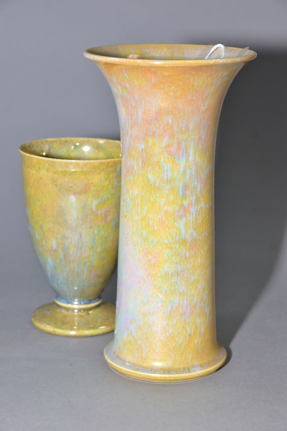 RUSKIN POTTERY, a mottled yellow lustre vase of cylindrical form with flared rim, impressed Ruskin - Image 3 of 6